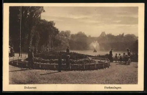 AK Bukarest, Parkanlagen mit Springbrunnen