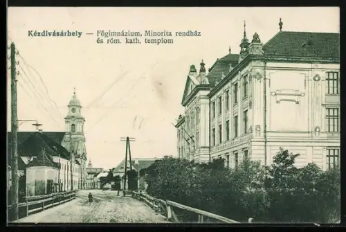 AK Kézdivásárhely, Fögimnázium, Minorita rendzáz és rom. kath. templom