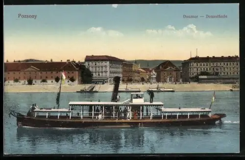 AK Pozsony, Partie an der Donau mit Dampfer
