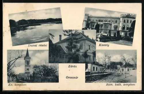 AK Oroszvár, Dunai részlet, Kastély, Ev. templom, Róm. kath. templom