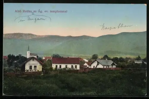 AK Ruttka, Teilansicht mit Kirchturm und Gebirge