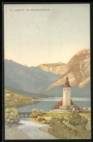 Künstler-AK St. Johann am Wocheinersee, Seepartie mit Kirche, Brücke und Bergpanorama