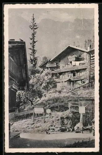 AK Pettau, Ortspartie mit Holzhäusern, Strasse und Bergpanorama