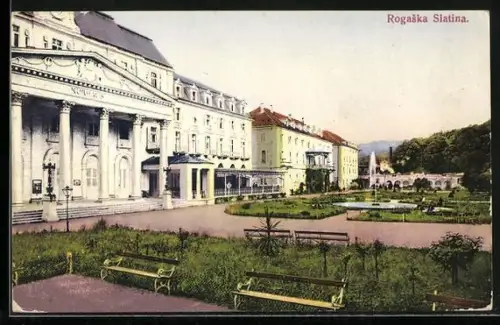 AK Rogaska Slatina, Kurhaus mit Anlage und Springbrunnen