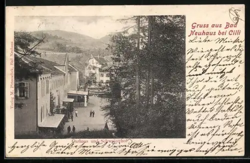 AK Bad Neuhaus bei Cilli, Curhaus und Schweizerhof mit Strasse und Bergpanorama aus der Vogelschau