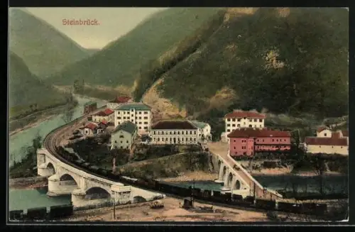 AK Steinbrück, Totalansicht mit Strassenbrücke, Bahnviadukt und Flusspartie aus der Vogelschau