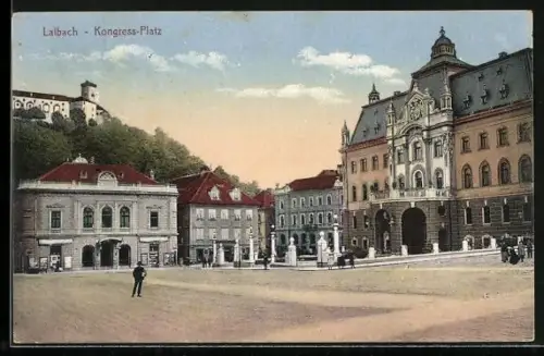 AK Laibach, Kongress-Platz mit Burgblick, Panorama