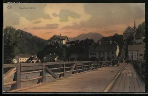 AK Cilli, Kapuzinerbrücke u. Ortspanorama mit Kirche
