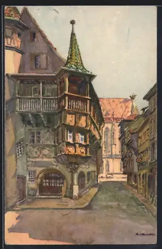 Künstler-AK Colmar, Vue pittoresque d`une rue avec maisons à colombages