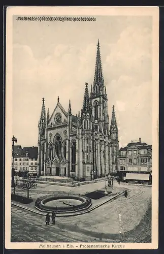 AK Mulhouse, Église protestante monumentale avec fontaine sur la place