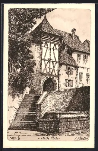 Künstler-AK Altkirch, Vieille Porte et escaliers historiques