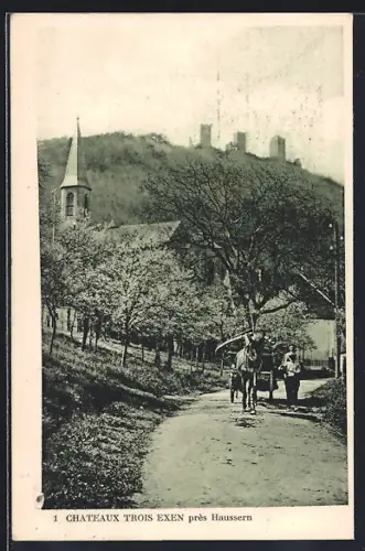 AK Trois Exen /Haussern, Châteaux et église avec chemin rural