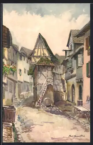 Künstler-AK Eguisheim, Rue pittoresque avec maisons à colombages et tourelle médiévale