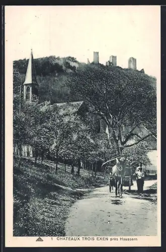 AK Trois Exen /Haussen, Châteaux Trois Exen avec église et voiture à cheval