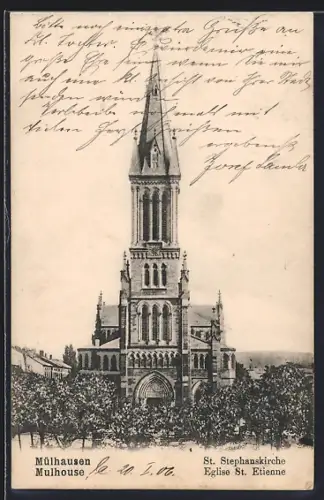 AK Mulhouse, Église St. Étienne avec son clocher imposant
