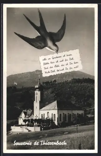 AK Thierenbach, Église avec colombe en vol et paysage de montagne