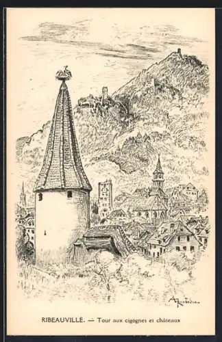 Künstler-AK Ribeauvillé, Tour aux cigognes et châteaux