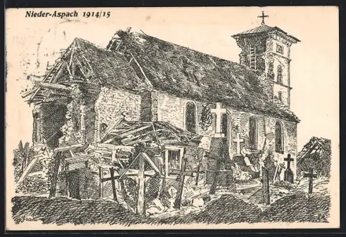 Künstler-AK Nieder-Aspach, Église en ruines après la guerre 1914/15