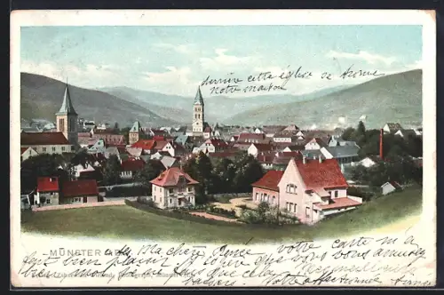 AK Münster, Vue sur la ville avec église et collines en arrière-plan