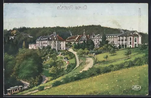 AK Trois Épis, Vue du complexe hôtelier entouré de nature avec un tramway en bas à gauche