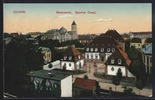 AK Colmar, Quartier Ouest avec vue sur l`architecture historique et l`église en arrière-plan