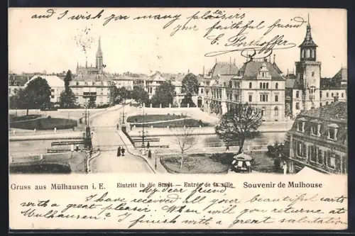 AK Mulhouse, Entrée de la ville avec bâtiments historiques et place centrale animée