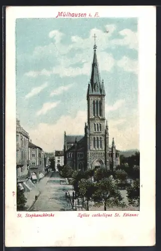 AK Mülhausen /E., Église catholique St. Étienne et rue animée