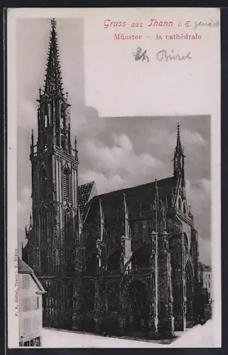 AK Thann, La cathédrale de Thann avec son imposante flèche gothique