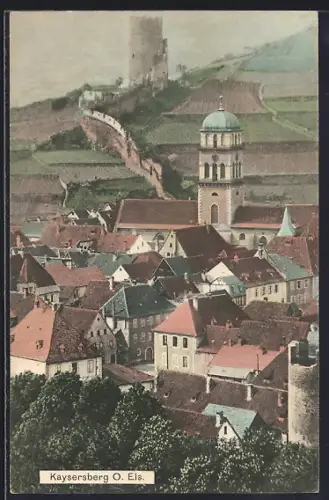 AK Kaysersberg /O. Els., Vue sur la ville avec tour fortifiée et vignobles en arrière-plan