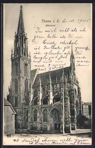 AK Thann, Vue du Münster avec son architecture gothique imposante