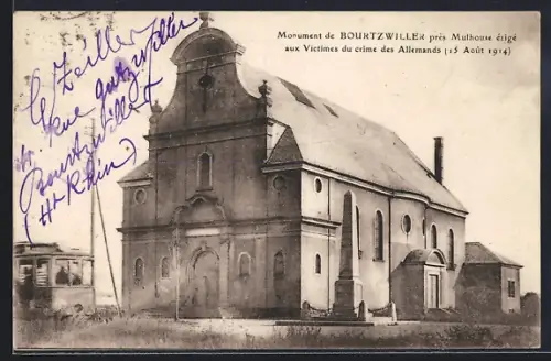 AK Bourtzwiller près Mulhouse, Monument aux victimes du crime des Allemands, 15 Août 1914