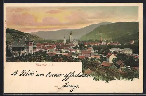 AK Münster i.E., Vue sur la ville et les collines au crépuscule