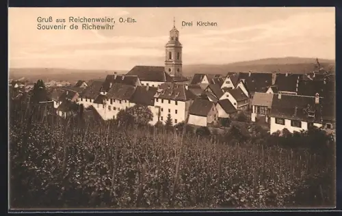 AK Richewihr, Vue sur le village avec les Trois Églises et vignobles environnants