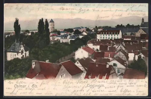 AK Colmar, Vue générale de la ville avec toits rouges et paysage environnant