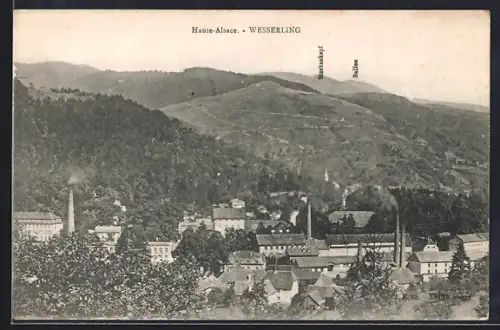 AK Wesserling, Vue sur l`usine et les collines environnantes en Haute-Alsace