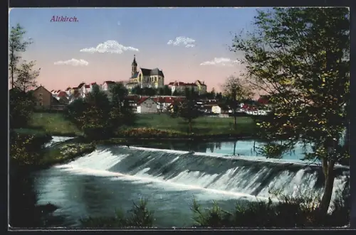 AK Altkirch, Vue sur l`église et le barrage sur la rivière