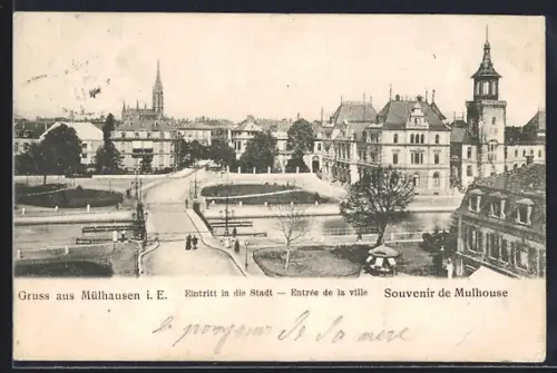 AK Mulhouse, Entrée de la ville avec vue sur les bâtiments historiques et la place centrale