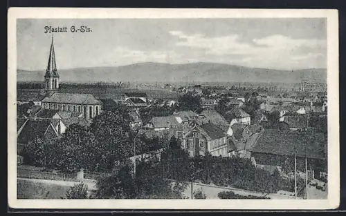 AK Pfastatt /O.-Els., Vue générale du village avec église et montagnes en arrière-plan