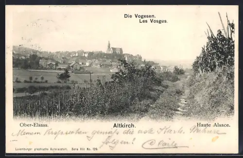 AK Altkirch, Vue sur la ville et le sentier bordé de végétation