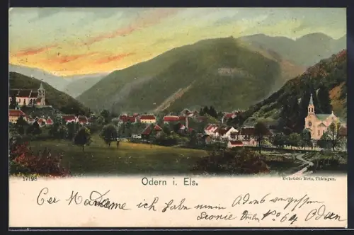 AK Odern, Vue du village avec église et collines au coucher de soleil