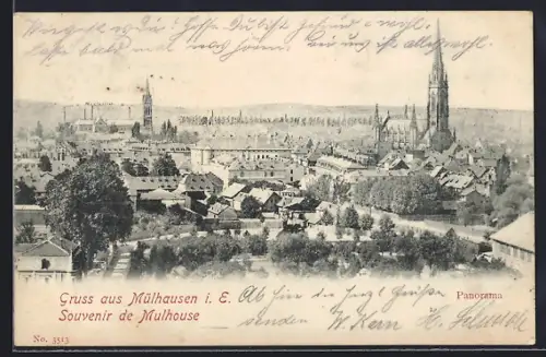 AK Mulhouse, Panorama de la ville avec vue sur l`église et les bâtiments environnants