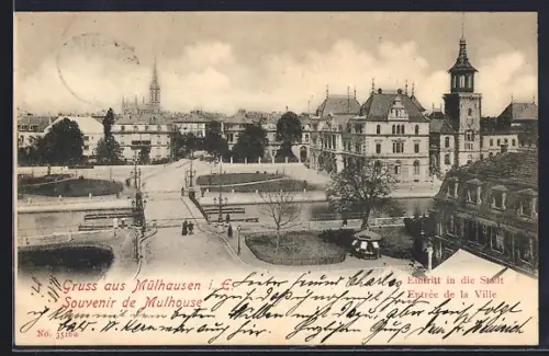 AK Mulhouse, Entrée de la Ville avec vue sur la place et bâtiments historiques