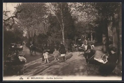 AK Mulhouse, Jardin Salvator avec enfants et landaus promenant dans le parc