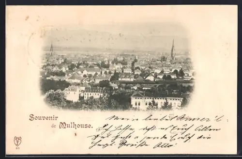 AK Mulhouse, Souvenir de la ville avec vue panoramique et églises en arrière-plan