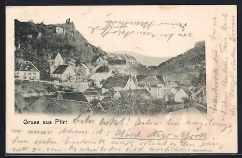 AK Pfirt, Vue du village avec colline et ruines en arrière-plan