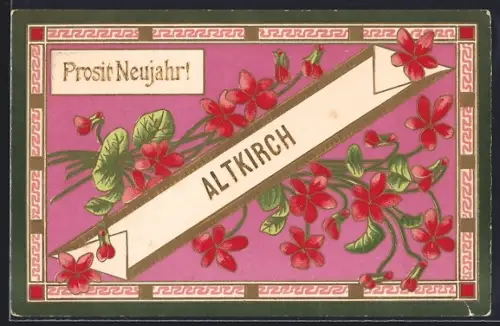AK Altkirch, Carte de voeux du Nouvel An avec fleurs rouges et message Prosit Neujahr!