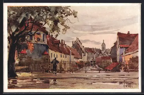Künstler-AK Colmar, Vue pittoresque du village avec maisons et arbres sur la place principale