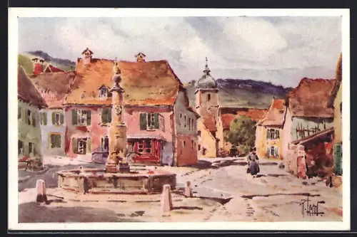Künstler-AK Eguisheim, Vue de la place centrale avec fontaine et maisons