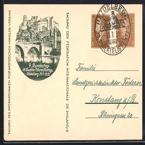 AK Heidelberg, 9. Bundeszag, 38. Deutscher Philatelistentag 1932, Ganzsache