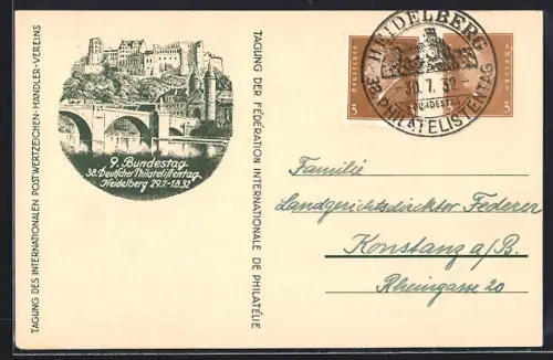 AK Heidelberg, 9. Bundeszag, 38. Deutscher Philatelistentag 1932, Ganzsache